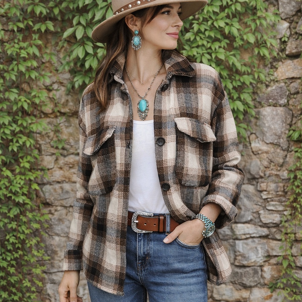 MISS SELFIE Brown and Tan Plaid Heavyweight Oversized Layering Shacket, L